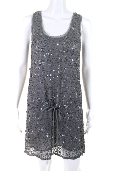 Gold Hawk Womens Scoop Neck Mesh Sequin Overlay Dress Gray Size Small