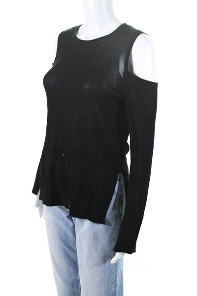 BCBGMAXAZRIA Womens Knit Round Neck Long Sleeve Cold Shoulder Top Black Size XXS