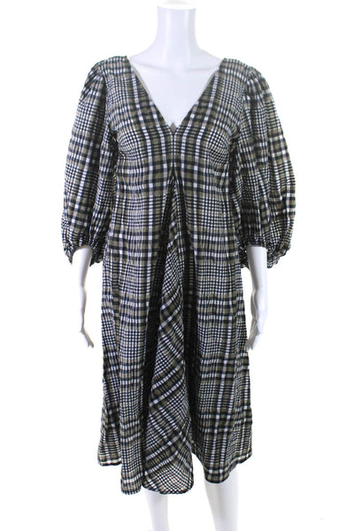 Ganni Womens Cotton Plaid Balloon Long Sleeve A-Line Midi Dress Green Size 32