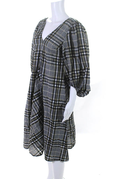 Ganni Womens Cotton Plaid Balloon Long Sleeve A-Line Midi Dress Green Size 32