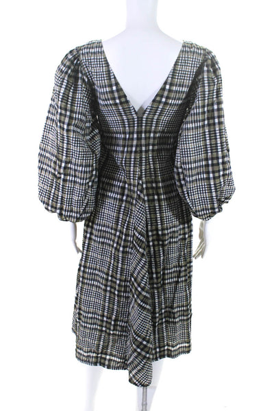 Ganni Womens Cotton Plaid Balloon Long Sleeve A-Line Midi Dress Green Size 32