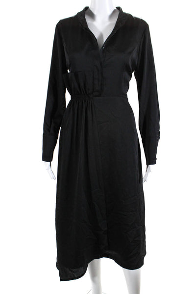 C&M Collection Womens Long Sleeve Crepe Satin Midi A Line Shirt Dress Black IT42