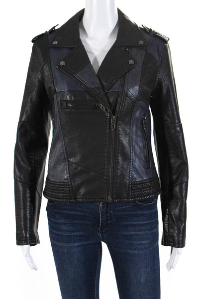 BLANKNYC Womens Zip Up Collared Faux Leather Motorcycle Jacket Blue Black Small