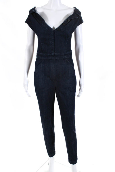 Cushnie Womens Cotton Denim Collared Studded Darted Jumpsuit Blue Size 2