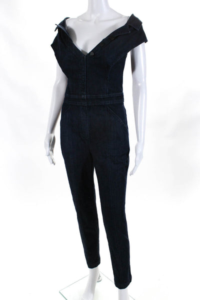 Cushnie Womens Cotton Denim Collared Studded Darted Jumpsuit Blue Size 2