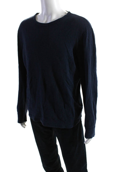 J Crew Mens Thin Waffle Knit Long Sleeved Round Neck Shirt Navy Blue Size M