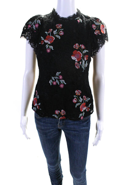 Rebecca Taylor Womens Floral Lace Cap Sleeve Top Blouse Pink Black Size 2