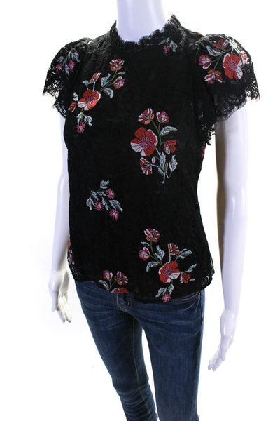 Rebecca Taylor Womens Floral Lace Cap Sleeve Top Blouse Pink Black Size 2