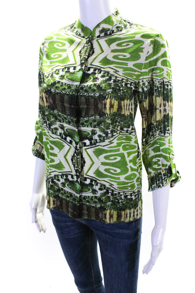 Alice + Olivia Womens Graphic Garden Print Button Up Top Blouse Green Size XS