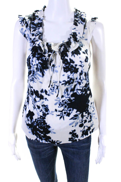 Elie Tahari Womens Floral Satin Ruffle Sleeveless Top Blouse Blue White Small