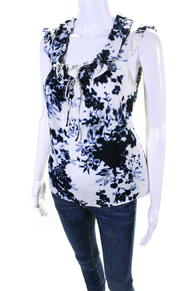 Elie Tahari Womens Floral Satin Ruffle Sleeveless Top Blouse Blue White Small