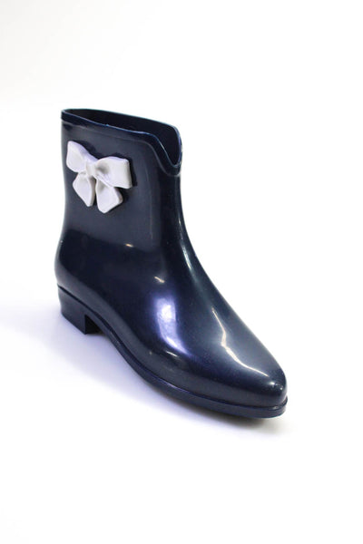 Mei Womens Rubber Bow Detail Slip On Ankle Rain Boots Navy Blue Size 6