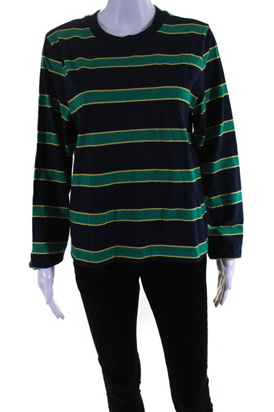 TNA Women's Cotton Long Sleeve Striped Crewneck T-shirt Green/Navy Size L