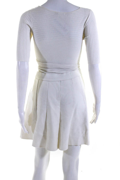 Clun Monaco Women's Short Sleeve Ribbed Knit V-Neck A-line Dress White Size S