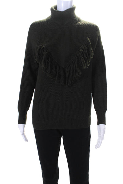 Haute Hippie Womens Long Sleeve Fringe Ribbed Turtleneck Sweater Green Medium