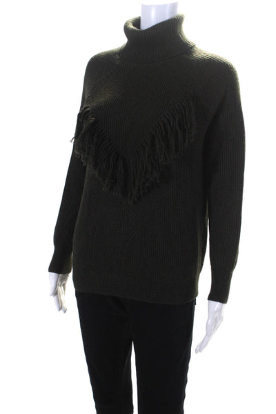 Haute Hippie Womens Long Sleeve Fringe Ribbed Turtleneck Sweater Green Medium