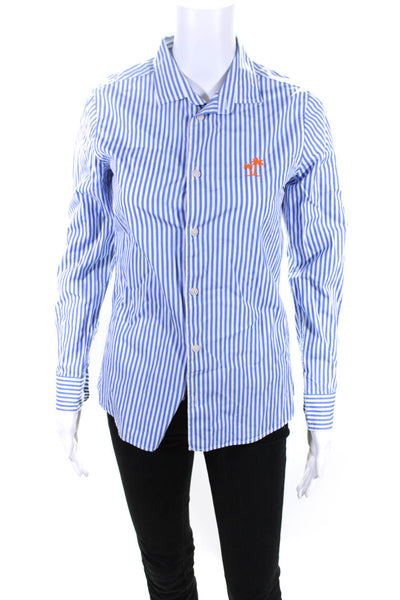 MC2 Saint Barth Girls Long Sleeves Button Down Shirt Blue Stripe Size 14