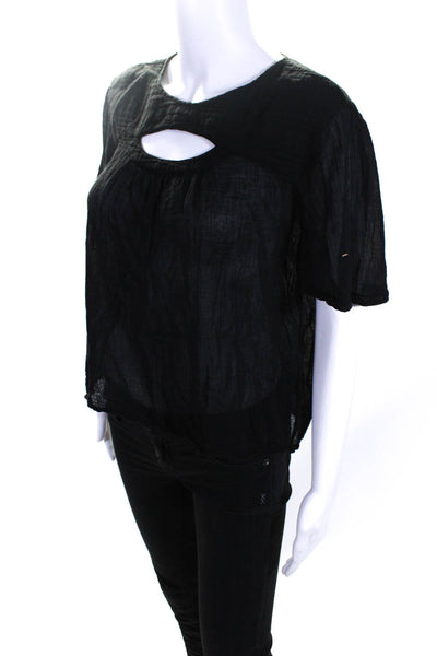 Raquel Allegra Women's Round Neck Cut Out Short Sleeves Blouse Black Size S