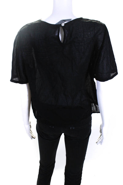 Raquel Allegra Women's Round Neck Cut Out Short Sleeves Blouse Black Size S