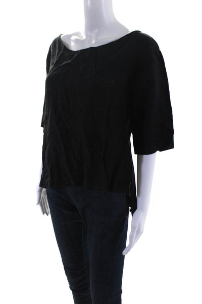 Lotus Eaters Womens Woven Short Sleeve Boat Neck Top Blouse Dark Gray Linen XS