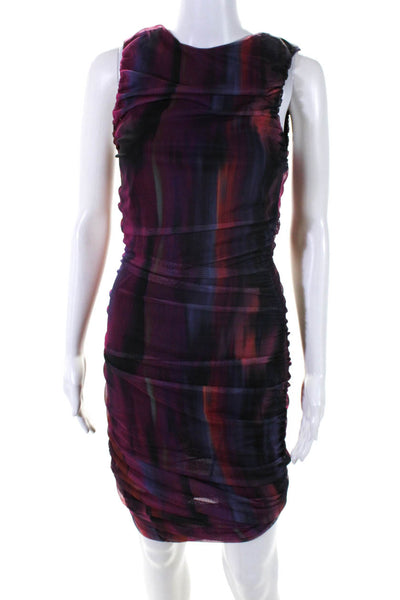 Zara Womens Mesh Knit Abstract Printed Ruched Sheath Midi Dress Purple Size M