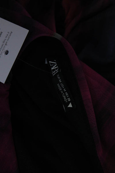 Zara Womens Mesh Knit Abstract Printed Ruched Sheath Midi Dress Purple Size M