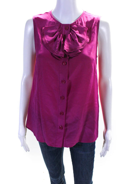 Tibi Womens Button Front Ruffled Crew Neck Boxy Silk Top Fuschia Silk Size 4