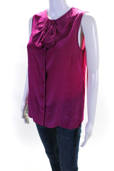 Tibi Womens Button Front Ruffled Crew Neck Boxy Silk Top Fuschia Silk Size 4