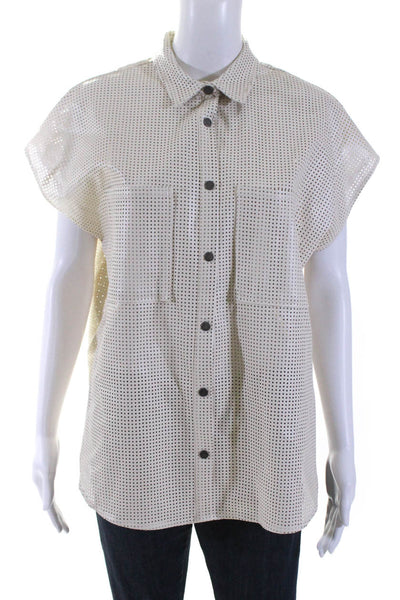 Acoa Womens Perforated Faux Leather Short Sleeve Snap Shirt Ivory Size Small