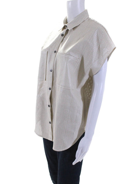 Acoa Womens Perforated Faux Leather Short Sleeve Snap Shirt Ivory Size Small