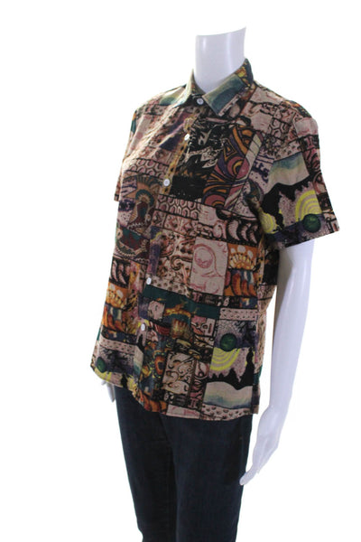 Designer Women Short Sleeve Woven Abstract Button Up Top Blouse Multicolor Small