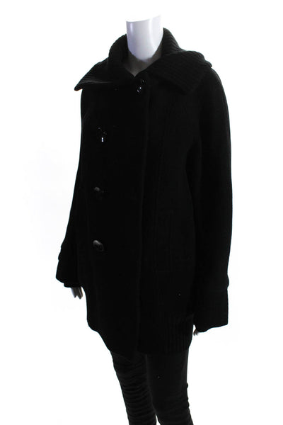 Searle Womens Double Breasted Collared Ribbed Coat Black Wool Size 8