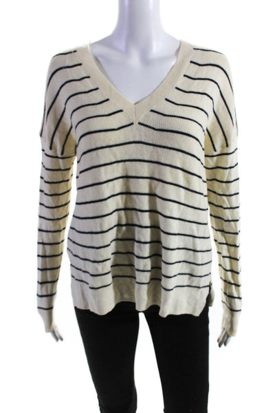 J Crew Womens Striped V Neck Long Sleeves Sweater White Black Wool Size Small