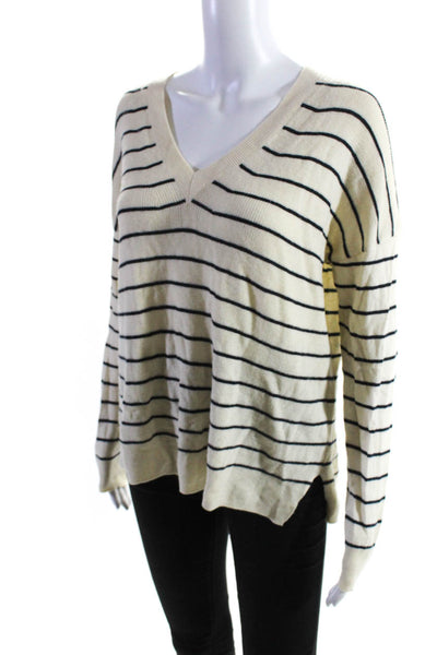 J Crew Womens Striped V Neck Long Sleeves Sweater White Black Wool Size Small