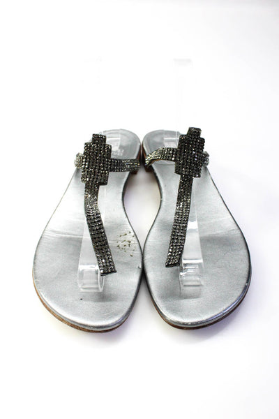 Stuart Weitzman Womes Jeweled Thong Slide On Sandals Silver Size 9.5 Medium