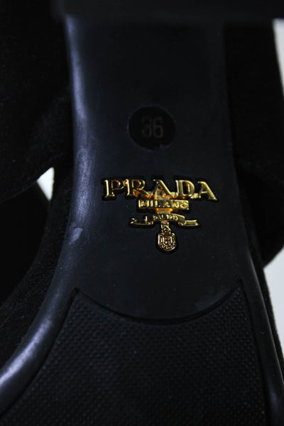 Prada Women's Suede Ankle Strap Block Heel Sandals Black Size 36