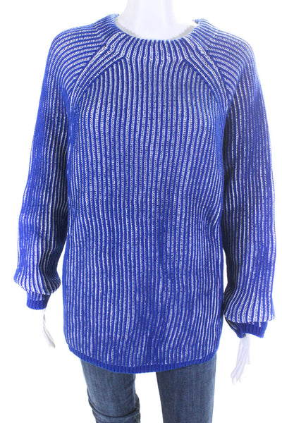 Barneys New York Womens Cotton Ribbed Knit Crew Neck Sweater Blue Size M