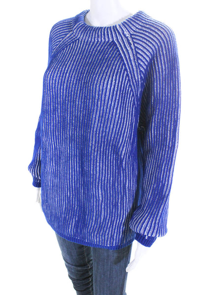 Barneys New York Womens Cotton Ribbed Knit Crew Neck Sweater Blue Size M