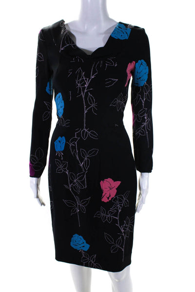 Oscar de la Renta Women's Long Sleeve Cowl Neck Floral Sheath Dress Black Size 2