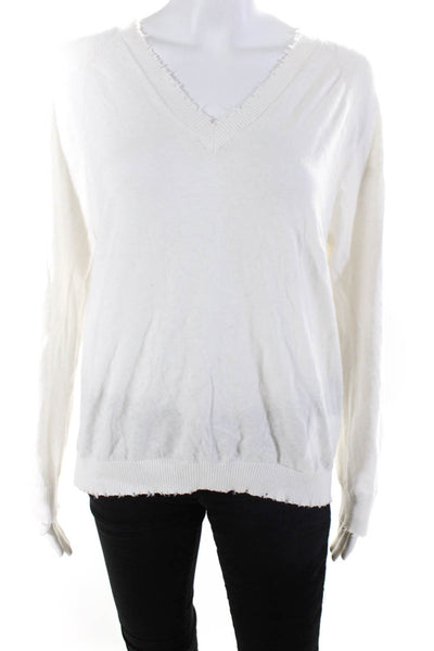 Minnie Rose Womens Pullover Fringe Trim V Neck Sweatshirt White Cotton Medium