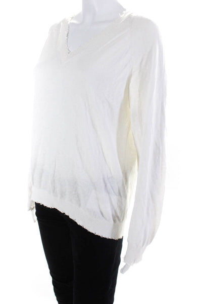 Minnie Rose Womens Pullover Fringe Trim V Neck Sweatshirt White Cotton Medium