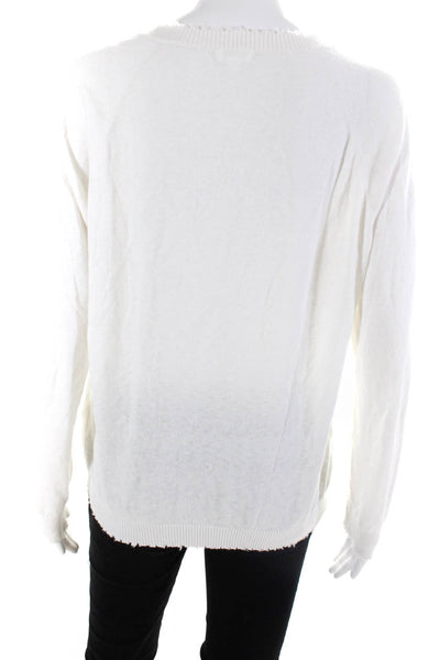 Minnie Rose Womens Pullover Fringe Trim V Neck Sweatshirt White Cotton Medium