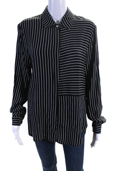Three Dots Womens Striped Print Collared Long Sleeve Buttoned Top Black Size S