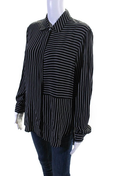 Three Dots Womens Striped Print Collared Long Sleeve Buttoned Top Black Size S