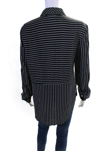 Three Dots Womens Striped Print Collared Long Sleeve Buttoned Top Black Size S