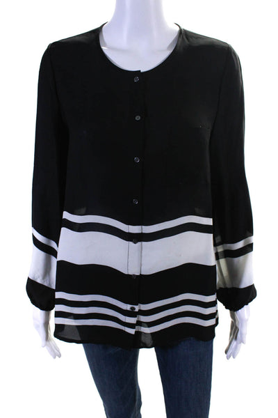 Joie Womens Silk Striped Round Neck Buttoned Long Sleeve Blouse Black Size S