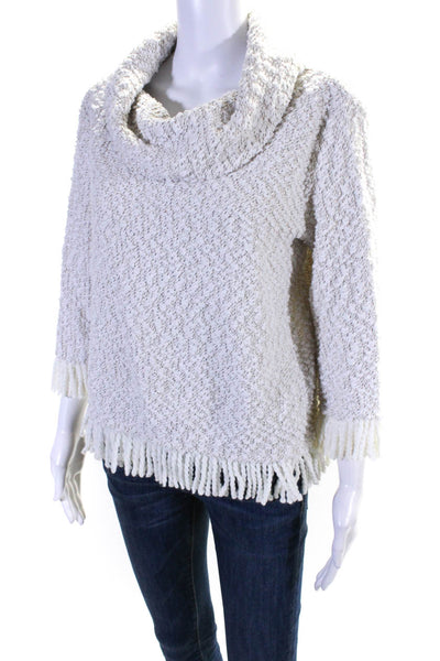 Vince Camuto Womens Textured Turtleneck Frayed Pullover Sweater White Size S