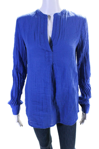 Three Dots Womens Linen V-Neck Textured Long Sleeve Pullover Top Blue Size XS