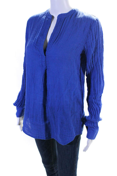 Three Dots Womens Linen V-Neck Textured Long Sleeve Pullover Top Blue Size XS