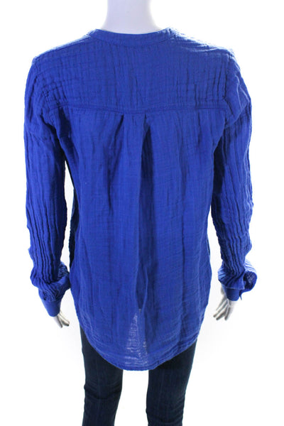 Three Dots Womens Linen V-Neck Textured Long Sleeve Pullover Top Blue Size XS